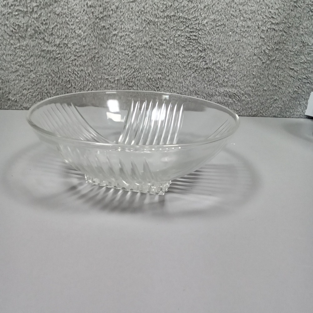 Vintage Clear Ribbed Glass Serving Bowl Art Deco Style Square Base 8 inch